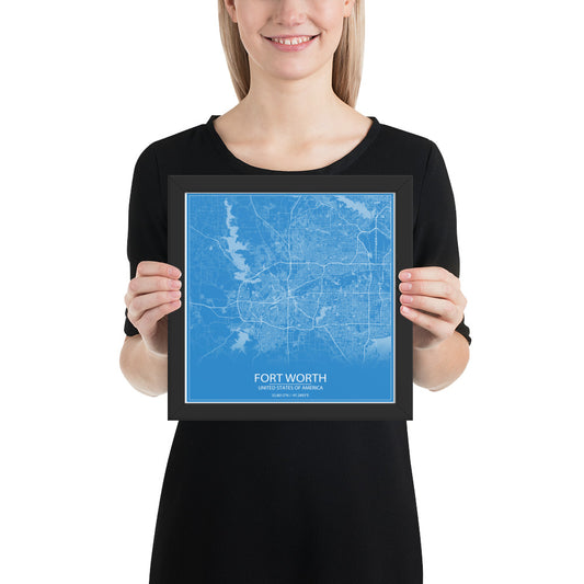 Fort Worth Blue and White Framed Map