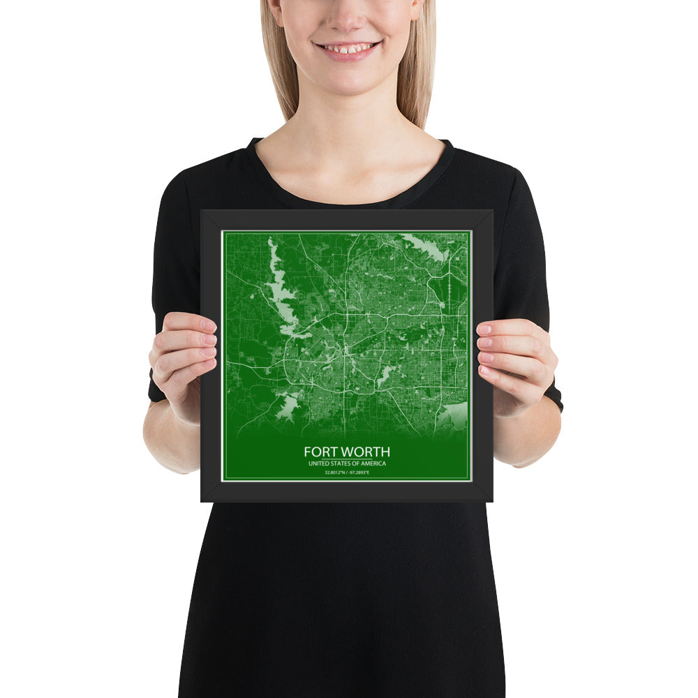 Fort Worth Green and White Framed Map