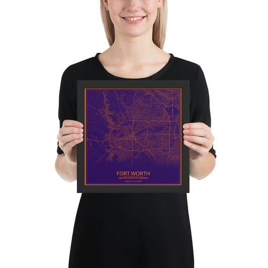 Fort Worth Purple and Orange Framed Map