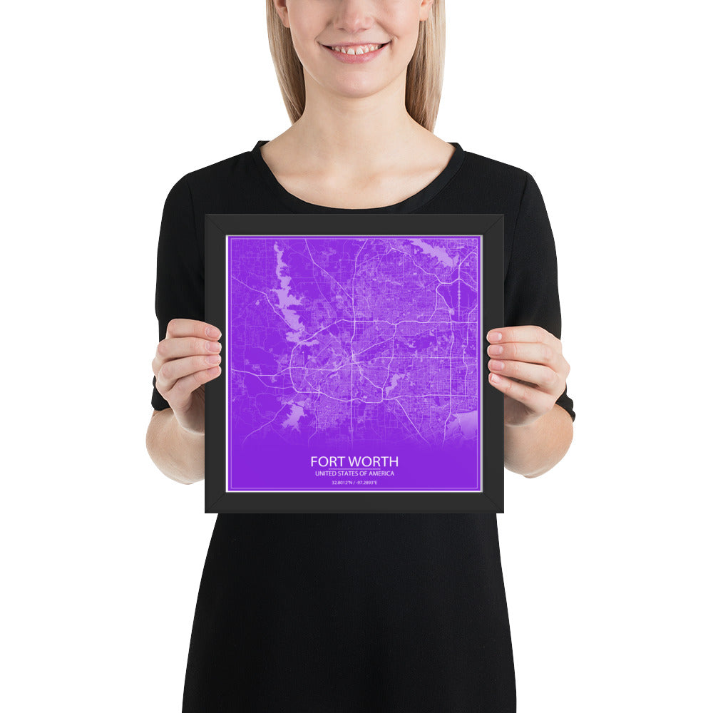 Fort Worth Purple and White Framed Map