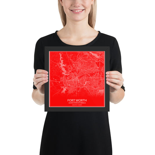 Fort Worth Red and White Framed Map