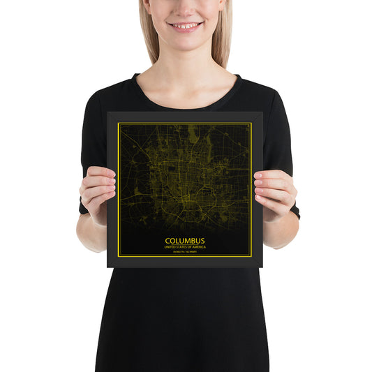 Columbus Black and Yellow Framed Map