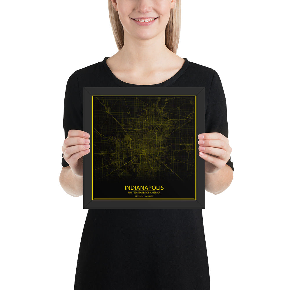 Indianapolis Black and Yellow Framed Map