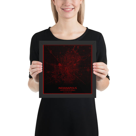 Indianapolis Black and Red Framed Map