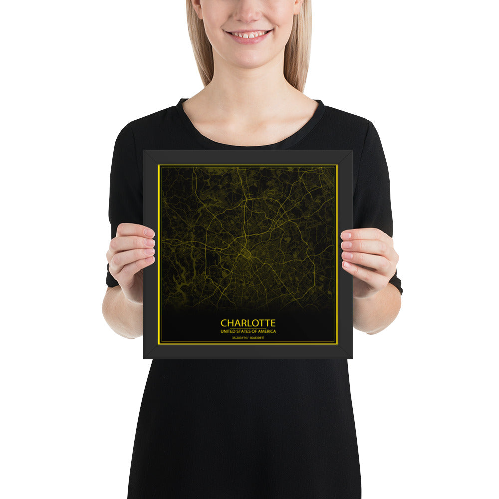 Charlotte Black and Yellow Framed Map