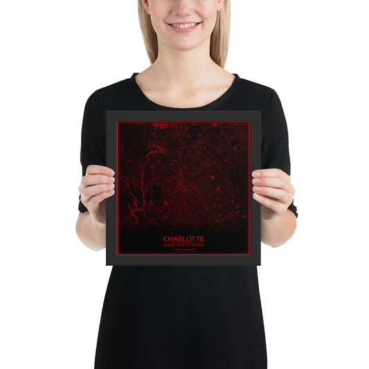 Charlotte Black and Red Framed Map