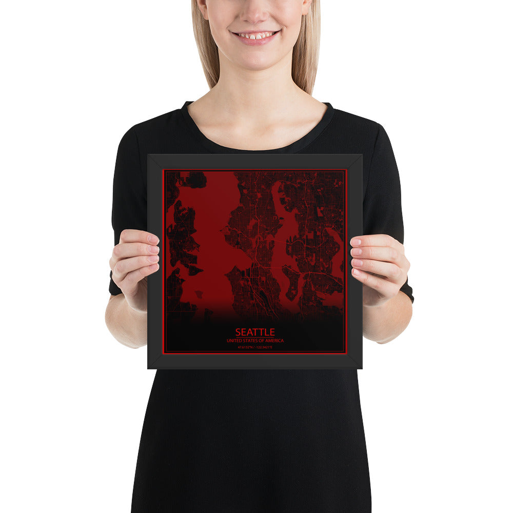 Seattle Black and Red Framed Map