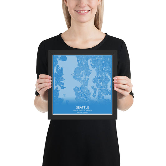 Seattle Blue and White Framed Map