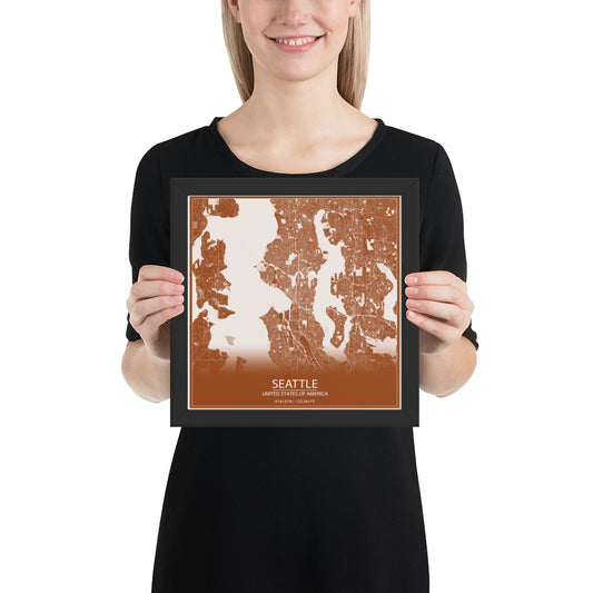 Seattle Brown and White Framed Map