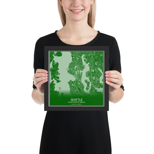 Seattle Green and White Framed Map