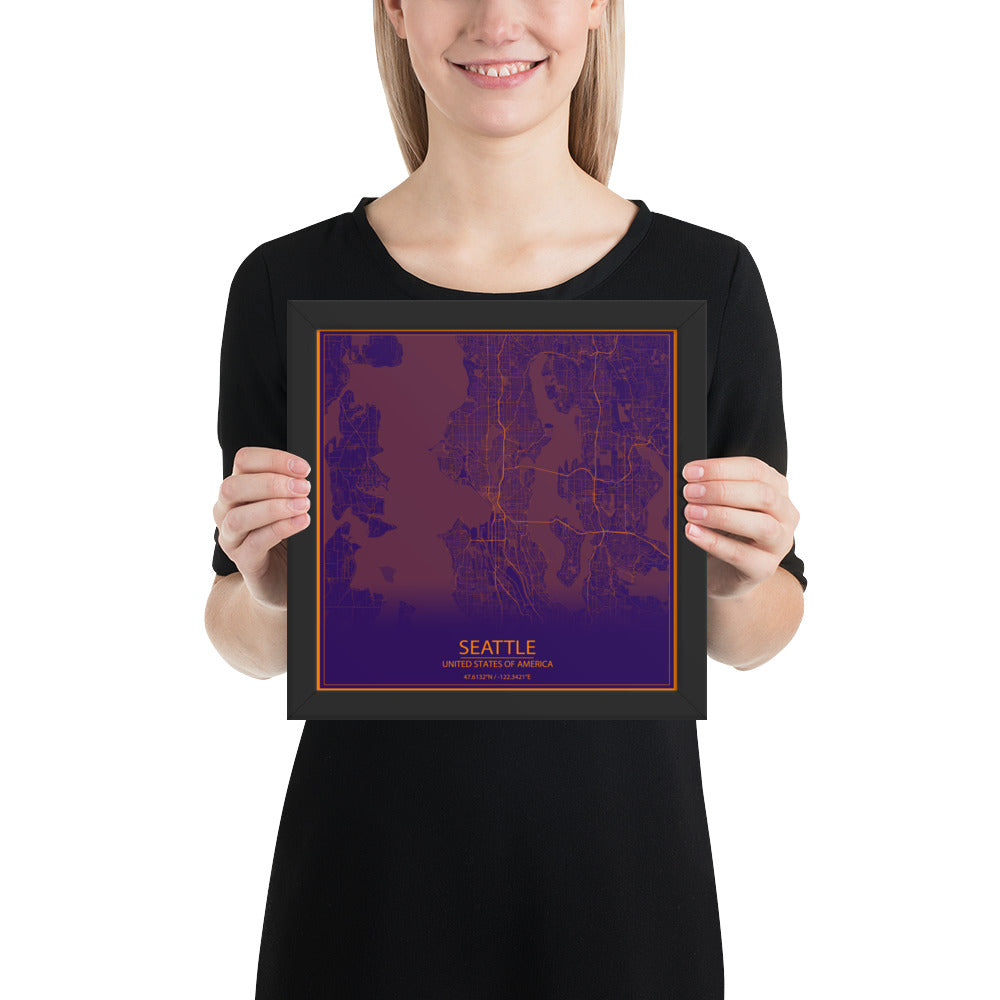 Seattle Purple and Orange Framed Map