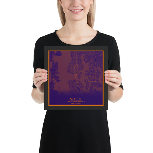 Seattle Purple and Orange Framed Map