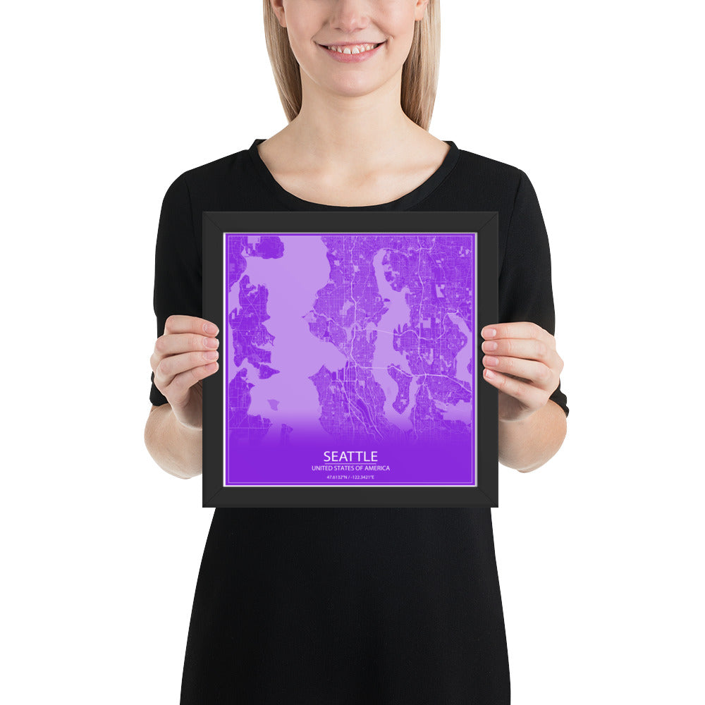 Seattle Purple and White Framed Map