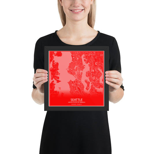 Seattle Red and White Framed Map