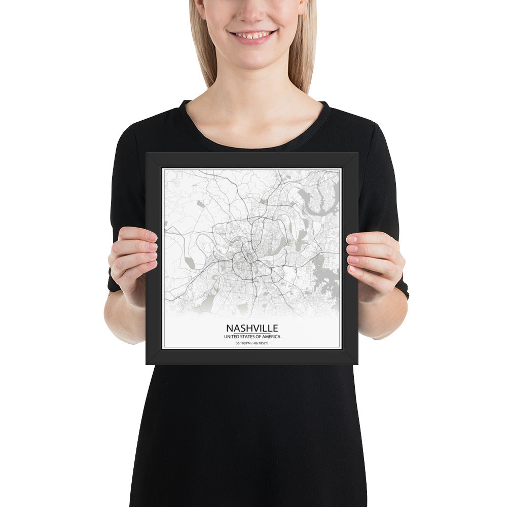 Nashville White Framed Map