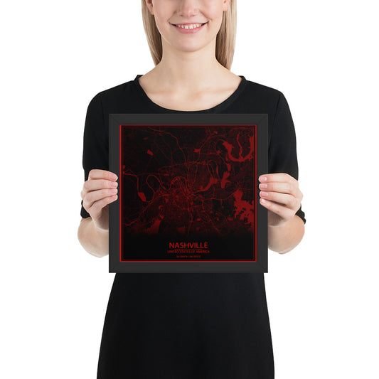 Nashville Black and Red Framed Map