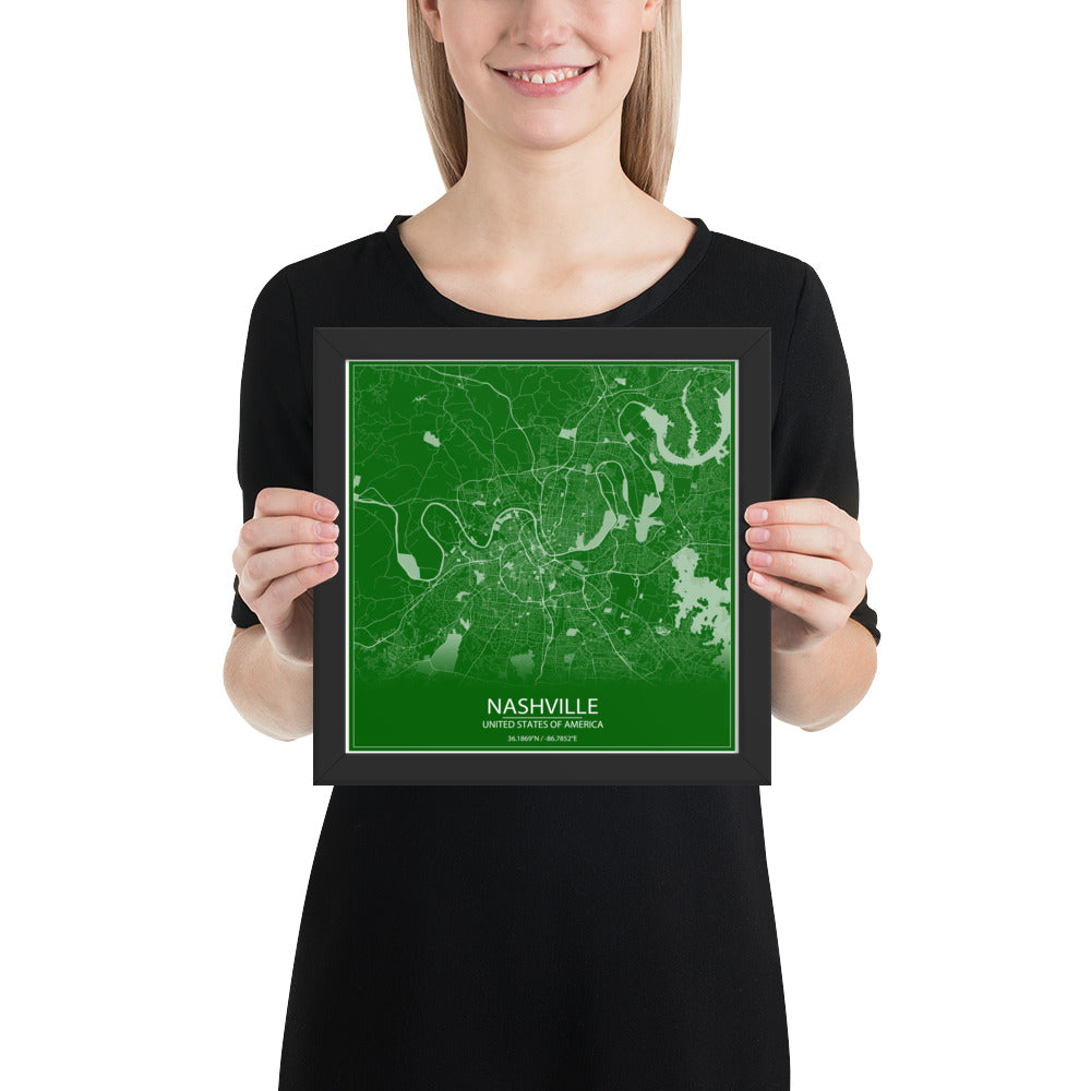 Nashville Green and White Framed Map