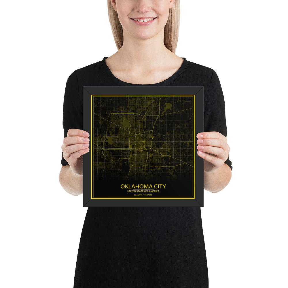 Oklahoma City Black and Yellow Framed Map