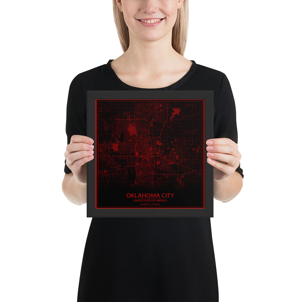 Oklahoma City Black and Red Framed Map