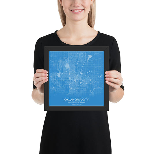 Oklahoma City Blue and White Framed Map