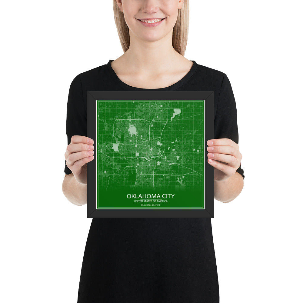 Oklahoma City Green and White Framed Map