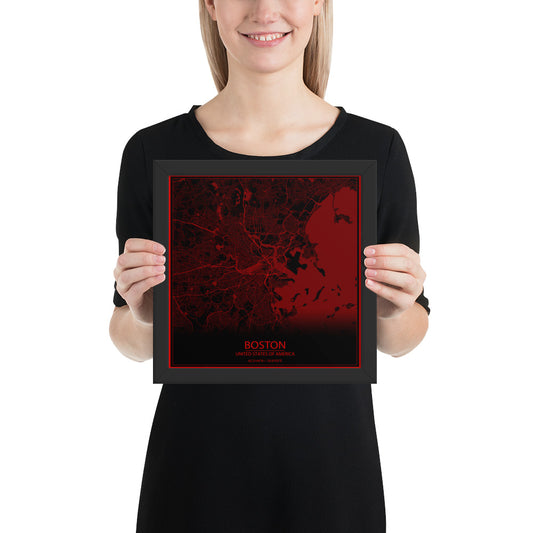 Boston Black and Red Framed Map