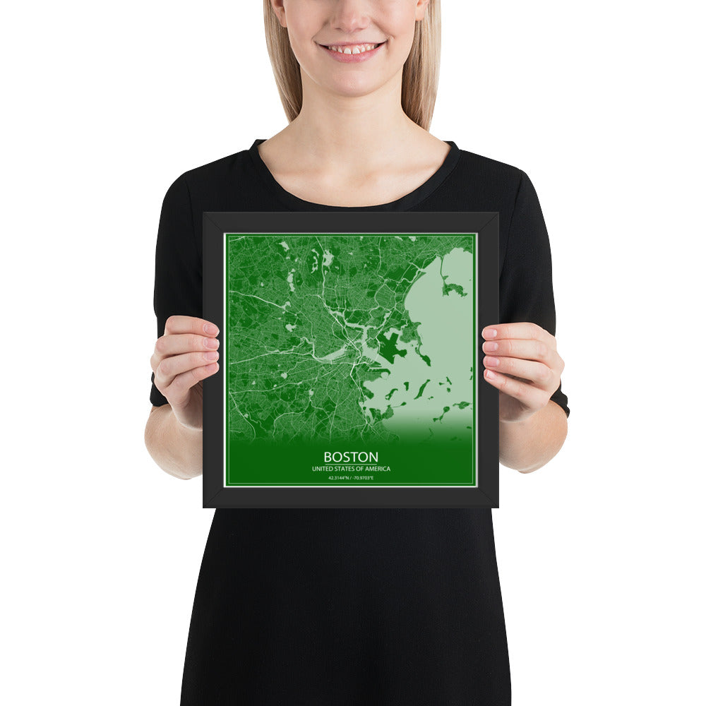 Boston Green and White Framed Map