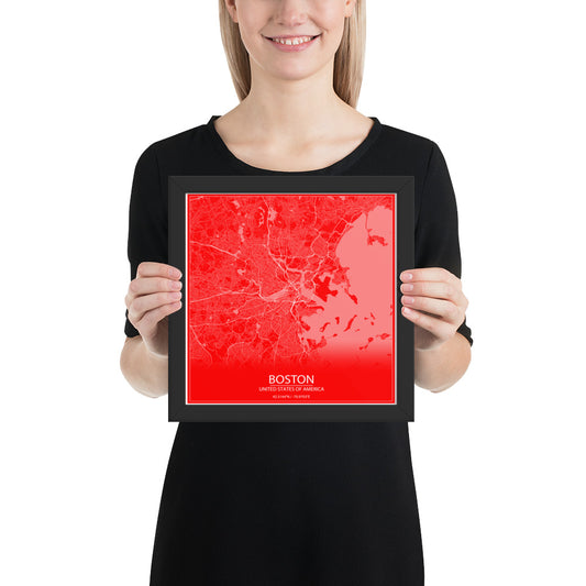 Boston Red and White Framed Map