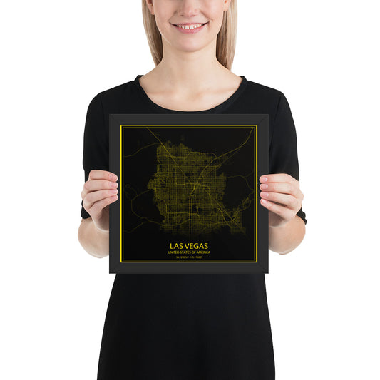 Las Vegas Black and Yellow Framed Map