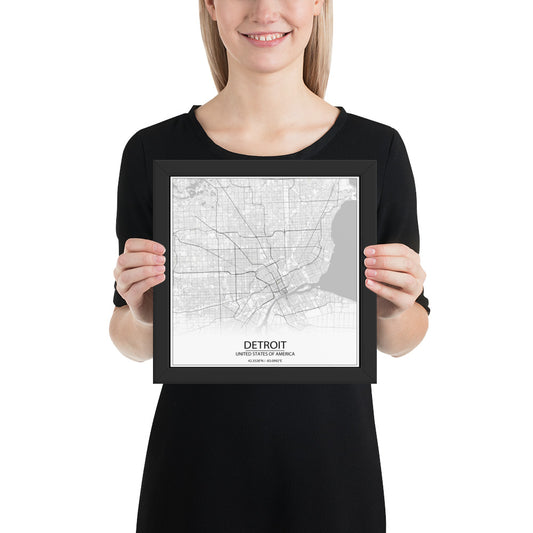 Detroit White Framed Map