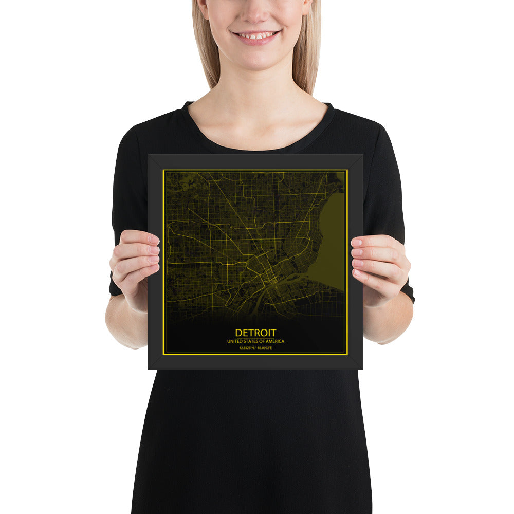 Detroit Black and Yellow Framed Map