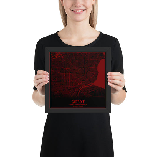 Detroit Black and Red Framed Map