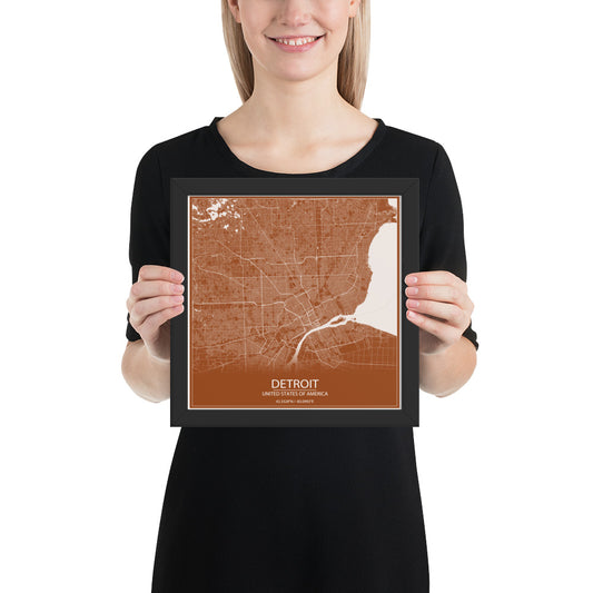 Detroit Brown and White Framed Map