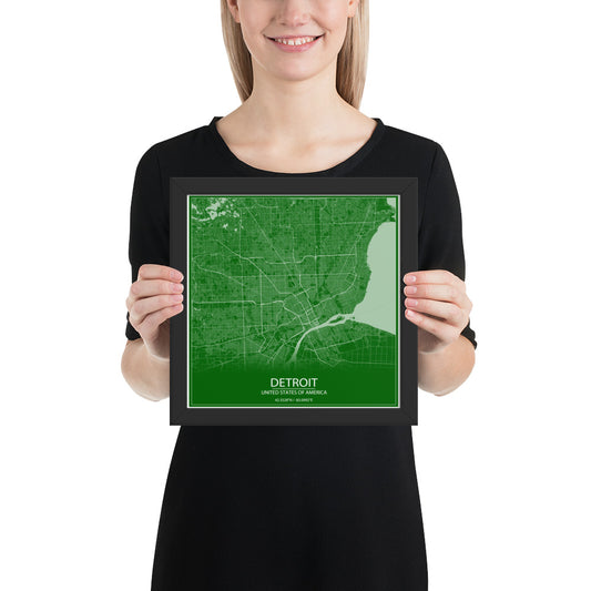 Detroit Green and White Framed Map