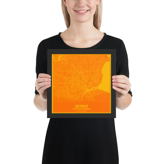 Detroit Orange and Yellow Framed Map