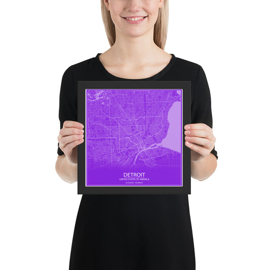 Detroit Purple and White Framed Map