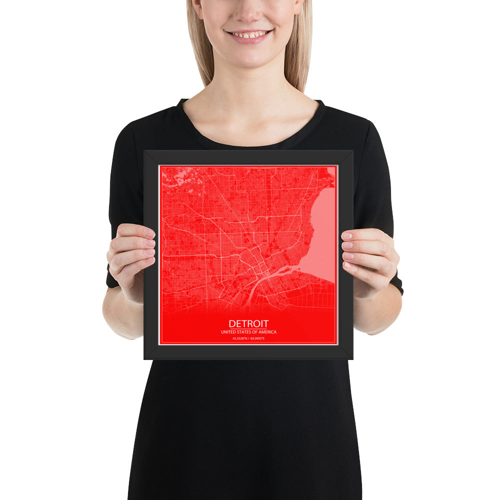 Detroit Red and White Framed Map