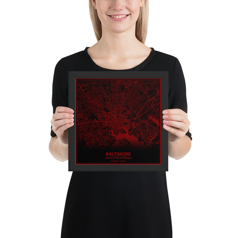 Baltimore Black and Red Framed Map