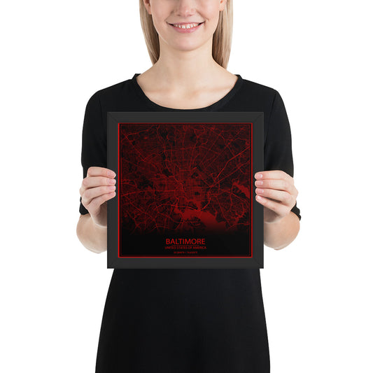 Baltimore Black and Red Framed Map