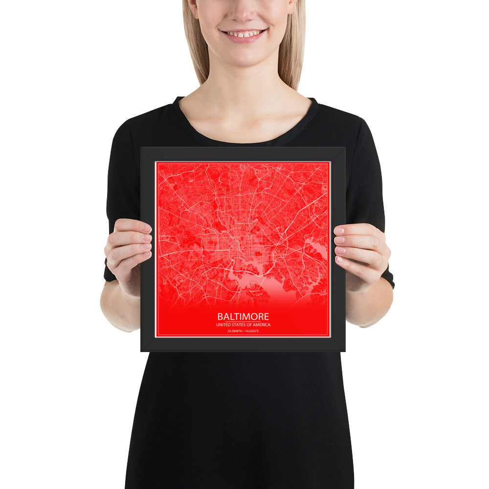 Baltimore Red and White Framed Map