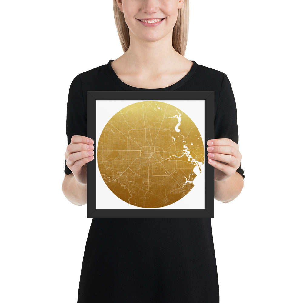 Houston Gold on White Framed Map