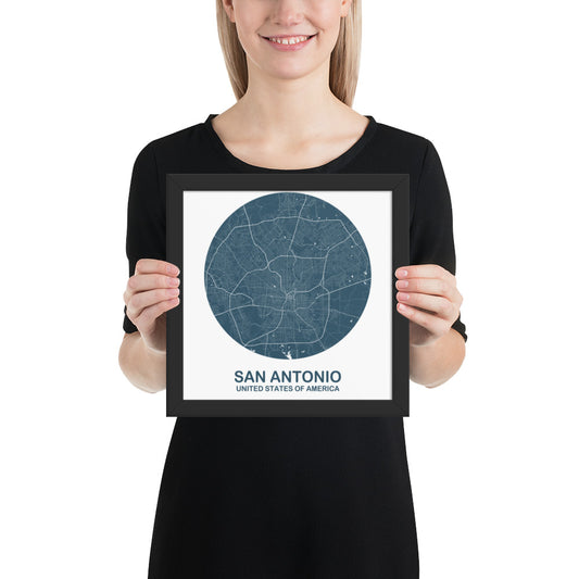 San Antonio Circular Blue Framed Map