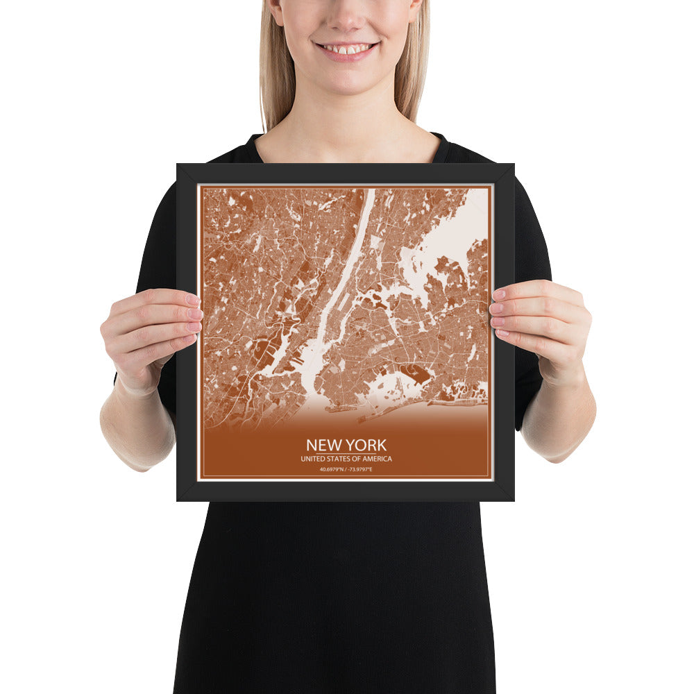 New York Brown and White Framed Map