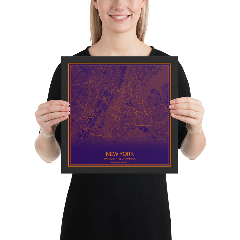 New York Purple and Orange Framed Map