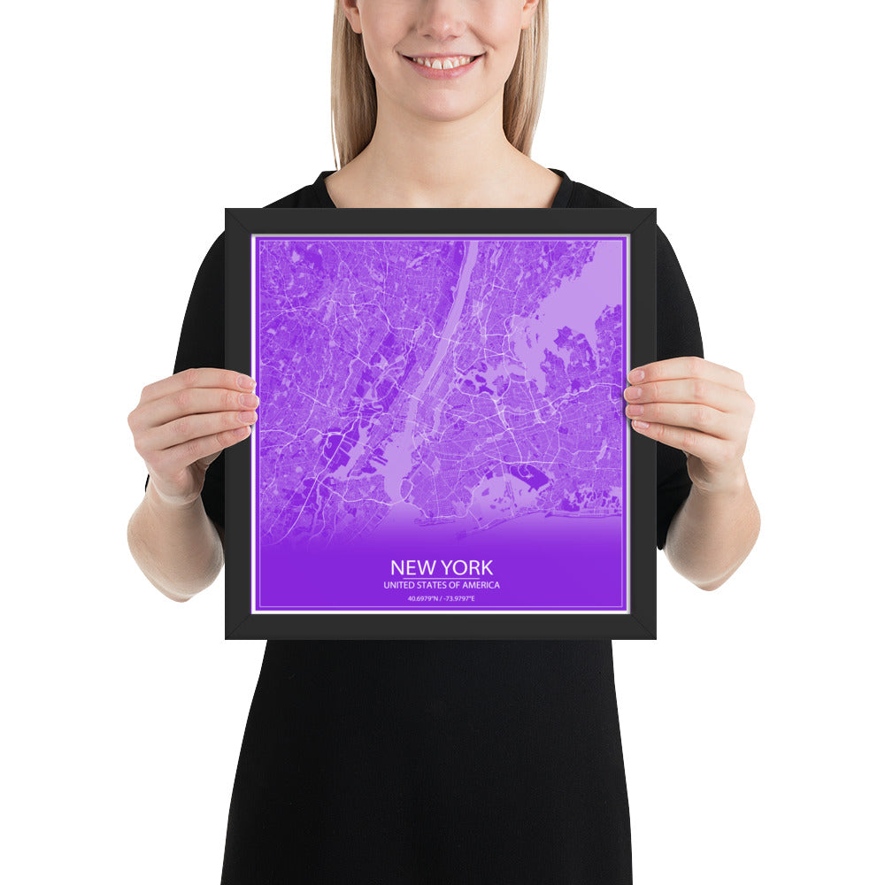 New York Purple and White Framed Map