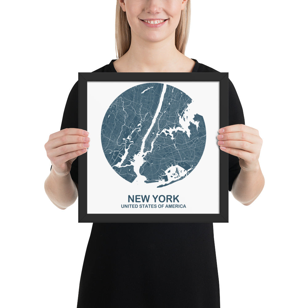 New York Circular Blue Framed Map