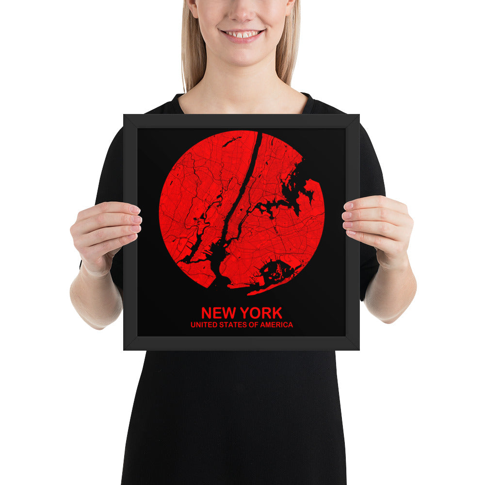 New York Circular Red Framed Map