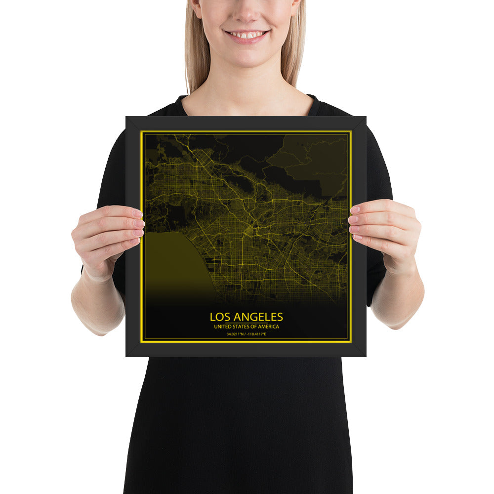 Los Angeles Black and Yellow Framed Map