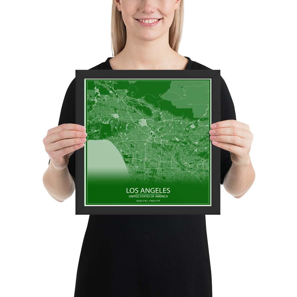 Los Angeles Green and White Framed Map