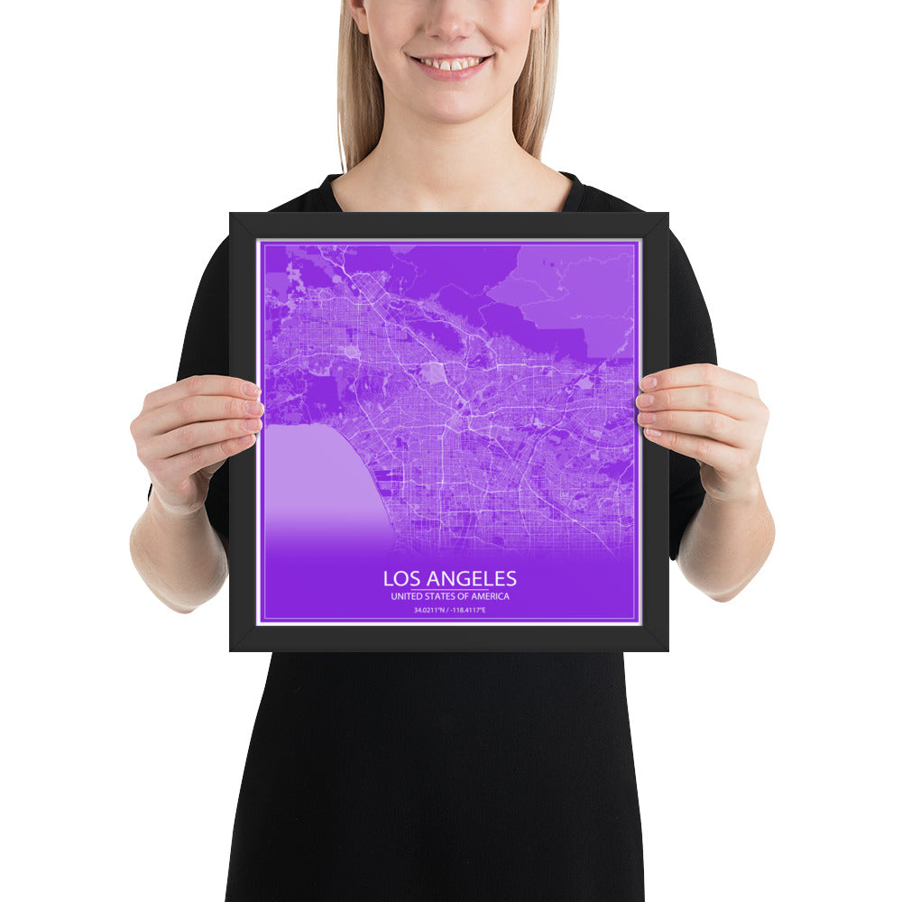 Los Angeles Purple and White Framed Map